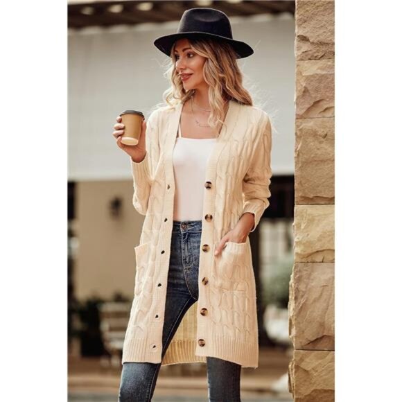 Women's Fall/Winter Long Sleeve Cable Knit Cardigan - Chunky Open Front - Picture 3 of 7